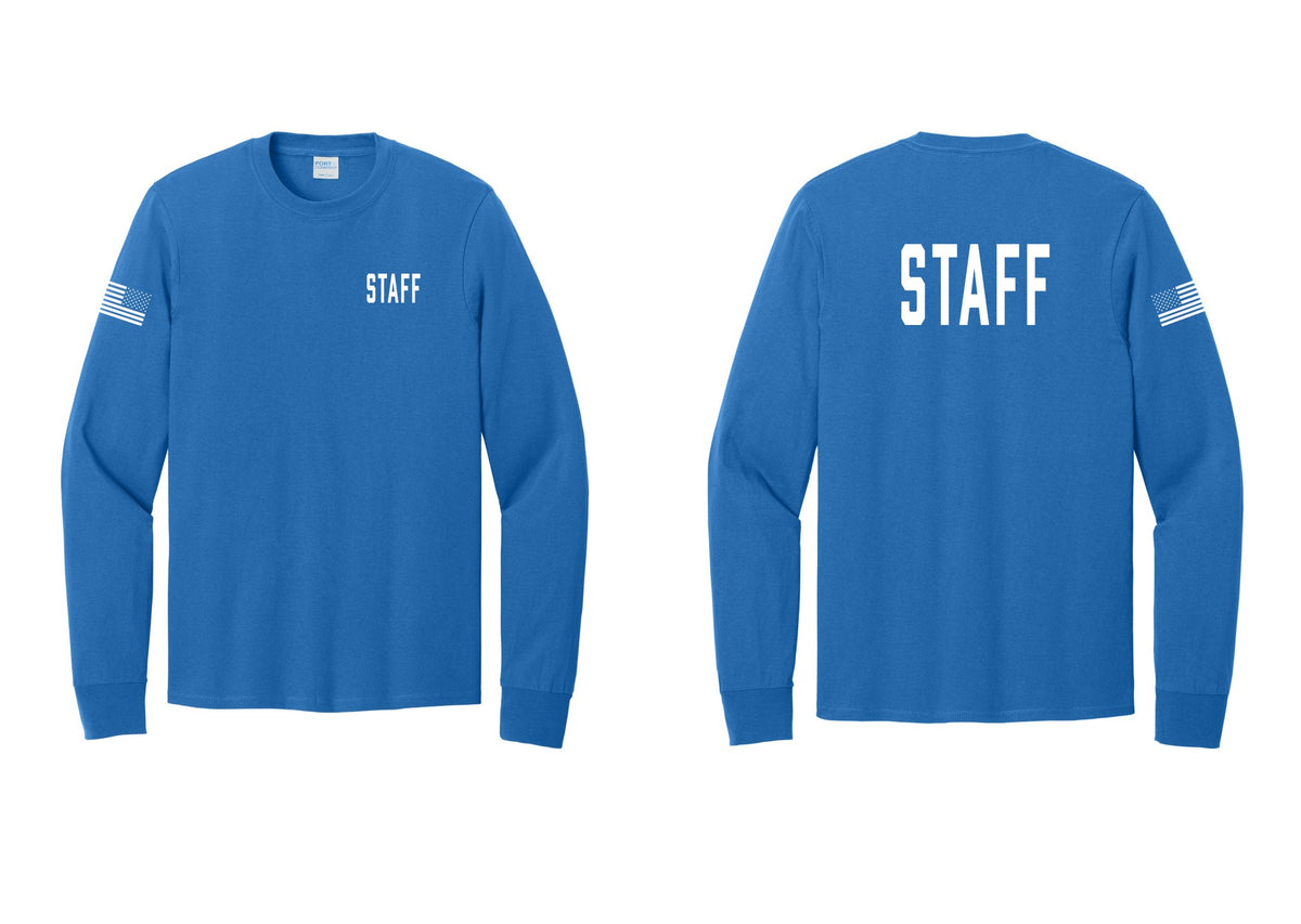 NYC Factory Staff Cotton Long Sleeve T-Shirt (Classic) - Chest + Back + US Flag Sleeve - Royal