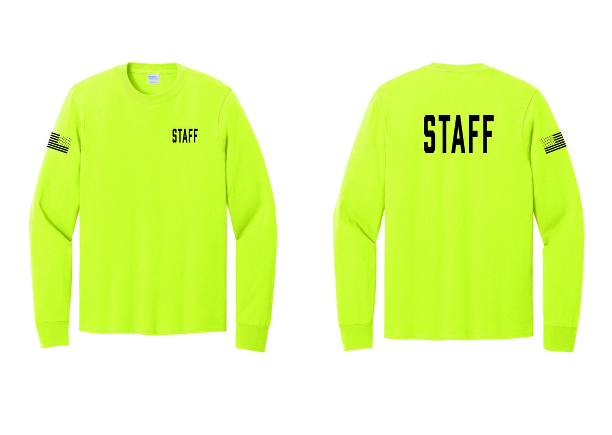 NYC Factory Staff Cotton Long Sleeve T-Shirt (Classic) - Chest + Back + US Flag Sleeve - Safety Green