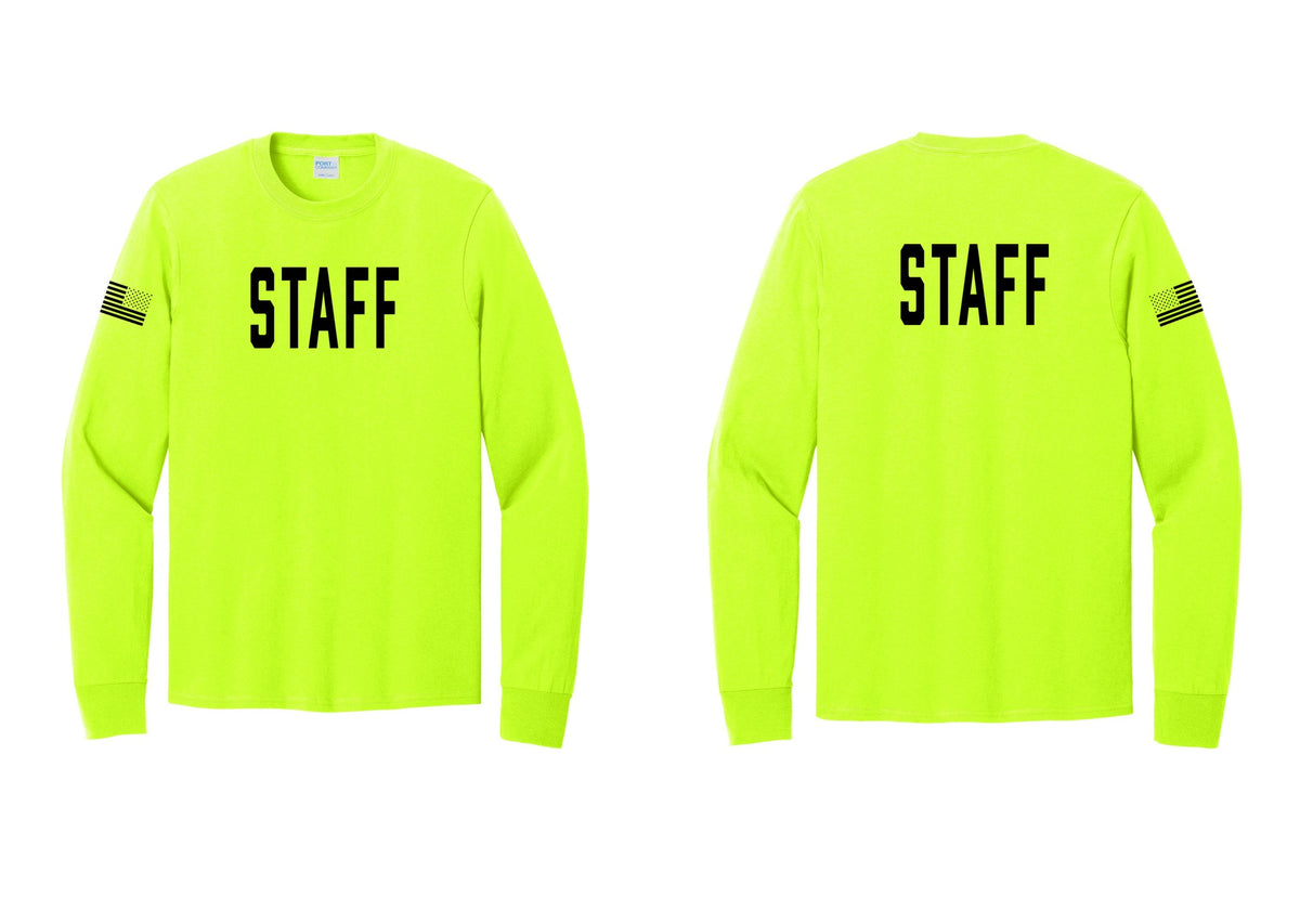 NYC Factory Staff Cotton Long Sleeve T-Shirt (Classic) - Front + Back + US Flag Sleeve - Safety Green