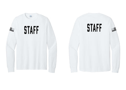 NYC Factory Staff Cotton Long Sleeve T-Shirt (Classic) - Front + Back + US Flag Sleeve - White