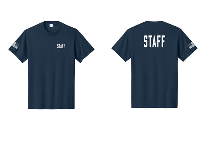 NYC Factory Staff T-Shirt, Condensed Lettering - Chest + Back + US Flag Sleeve - Navy