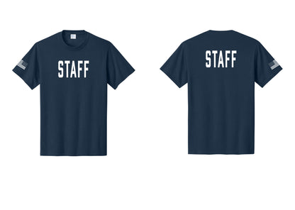 NYC Factory Staff T-Shirt, Condensed Lettering - Front + Back + US Flag Sleeve - Navy