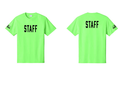 NYC Factory Staff T-Shirt, Condensed Lettering - Front + Back + US Flag Sleeve - Neon Green