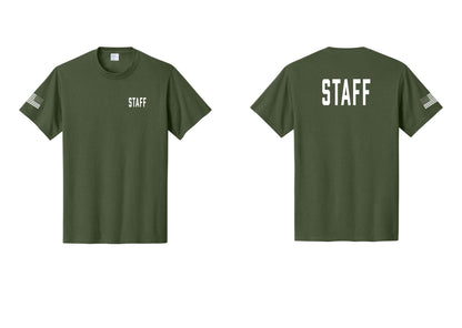 NYC Factory Staff T-Shirt, Condensed Lettering - Chest + Back + US Flag Sleeve - Olive