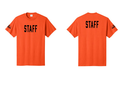 NYC Factory Staff T-Shirt, Condensed Lettering - Front + Back + US Flag Sleeve - Orange