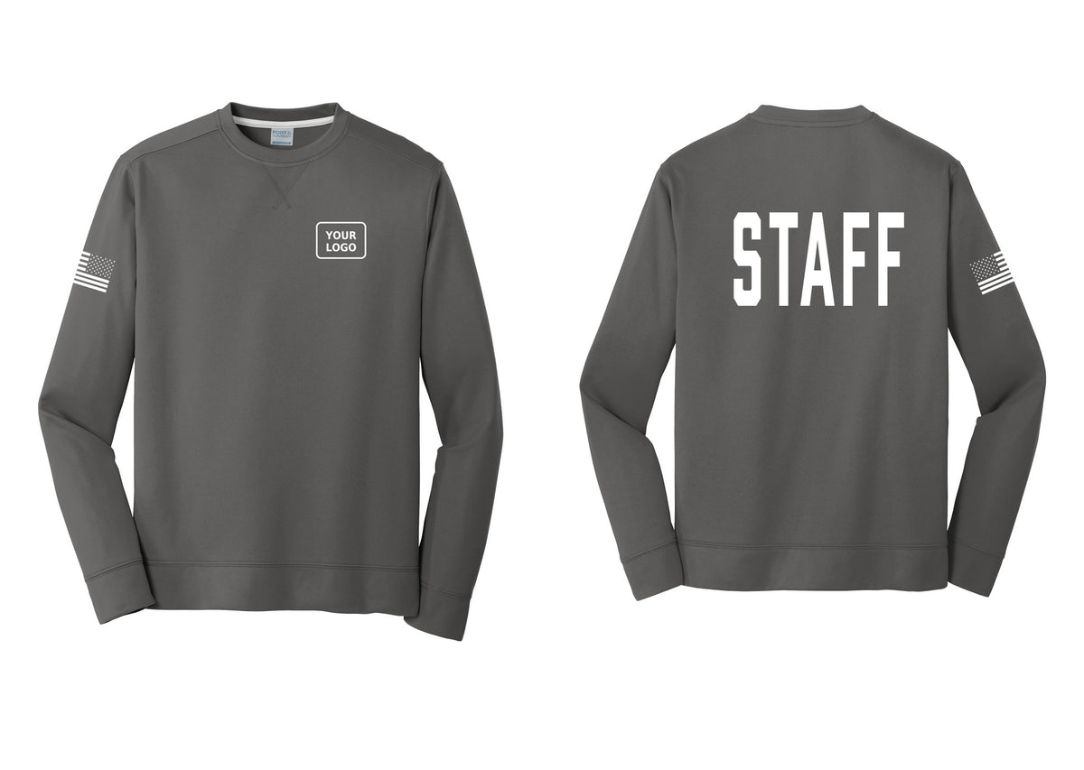 NYC Factory Custom Logo Staff Performance Fleece Crewneck Sweatshirt (Classic) - Your Logo + Back + US Flag Sleeve - Charcoal
