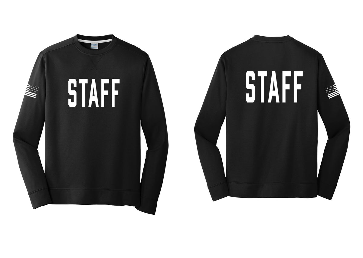 NYC Factory Staff Performance Fleece Crewneck Sweatshirt (Classic) - Front + Back + US Flag Sleeve - Black