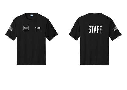 NYC Factory Custom Logo Staff Performance T-Shirt (Classic) - STAFF + Your Logo + Back + US Flag Sleeve - Black
