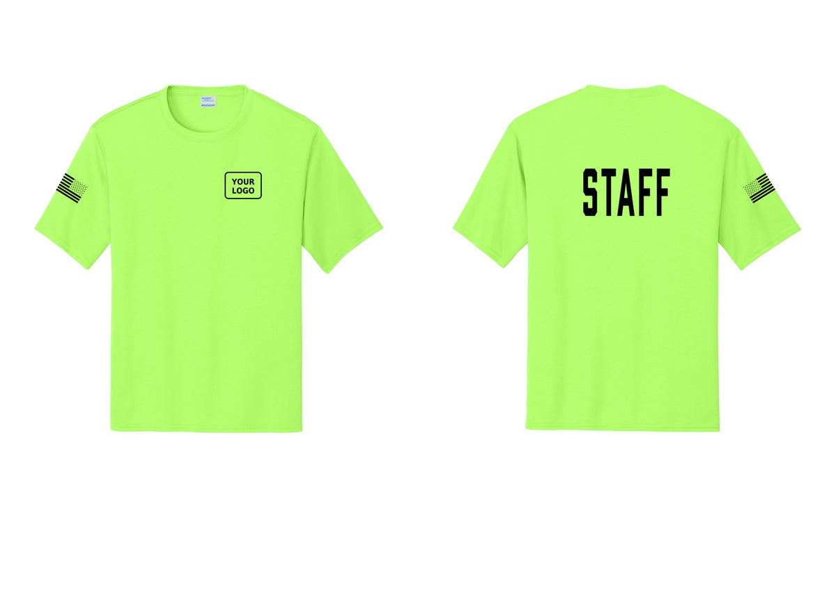 NYC Factory Custom Logo Staff Performance T-Shirt (Classic) - Your Logo + Back + US Flag Sleeve - Neon Green