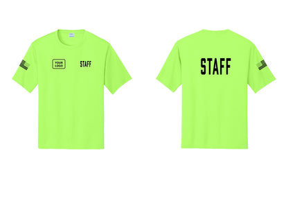 NYC Factory Custom Logo Staff Performance T-Shirt (Classic) - STAFF + Your Logo + Back + US Flag Sleeve - Neon Green