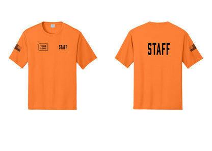 NYC Factory Custom Logo Staff Performance T-Shirt (Classic) - STAFF + Your Logo + Back + US Flag Sleeve - Neon Orange