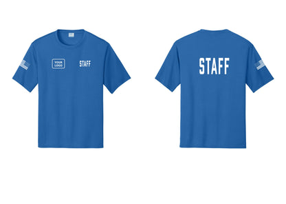 NYC Factory Custom Logo Staff Performance T-Shirt (Classic) - STAFF + Your Logo + Back + US Flag Sleeve - Royal