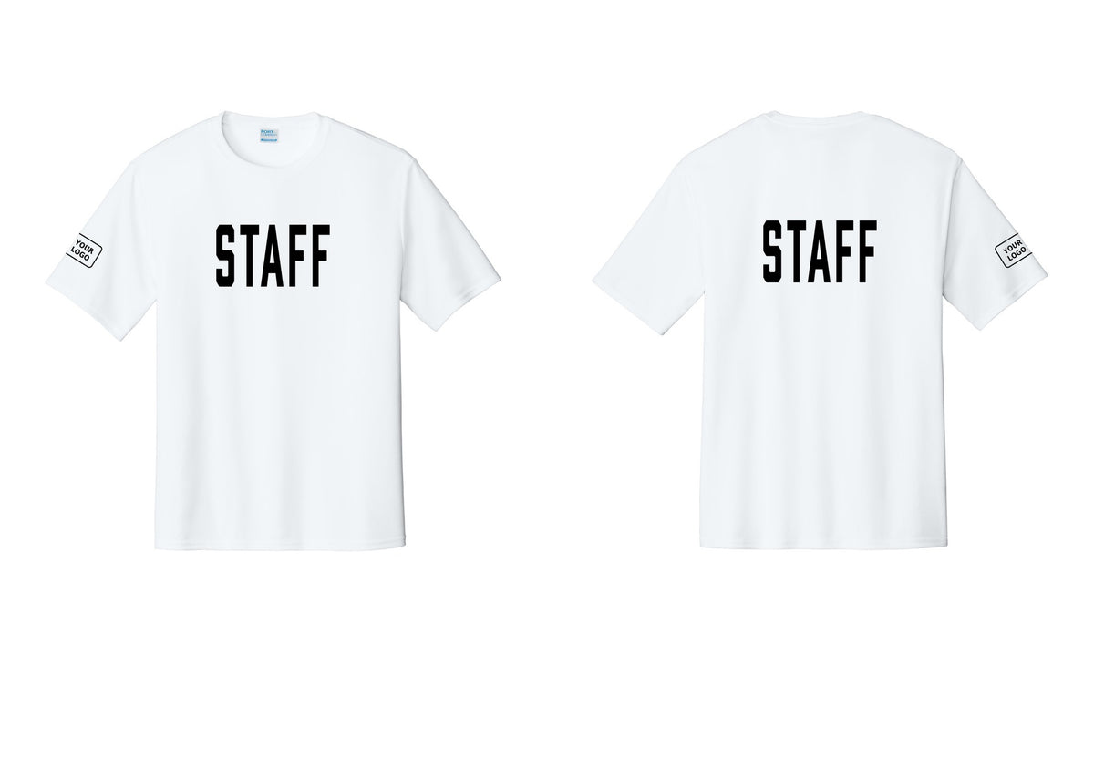 NYC Factory Custom Logo Staff Performance T-Shirt (Classic) - Front + Back + Your Logo Sleeve - White