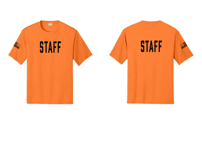 NYC Factory Staff Performance T-Shirt (Classic) - Front + Back + US Flag Sleeve - Neon Orange
