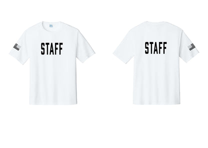 NYC Factory Staff Performance T-Shirt (Classic) - Front + Back + US Flag Sleeve - White