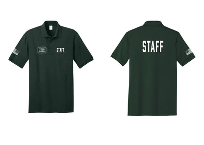 NYC Factory Custom Logo Staff Polo Shirt (Classic) - STAFF + Your Logo + Back + US Flag Sleeve - Dark Green
