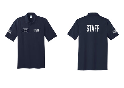 NYC Factory Custom Logo Staff Polo Shirt (Classic) - STAFF + Your Logo + Back + US Flag Sleeve - Navy
