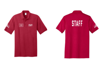 NYC Factory Custom Logo Staff Polo Shirt (Classic) - STAFF + Your Logo + Back + US Flag Sleeve - Red