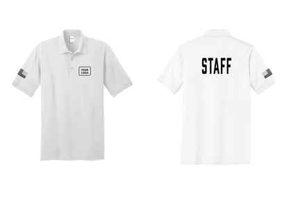 NYC Factory Custom Logo Staff Polo Shirt (Classic) - Your Logo + Back + US Flag Sleeve - White