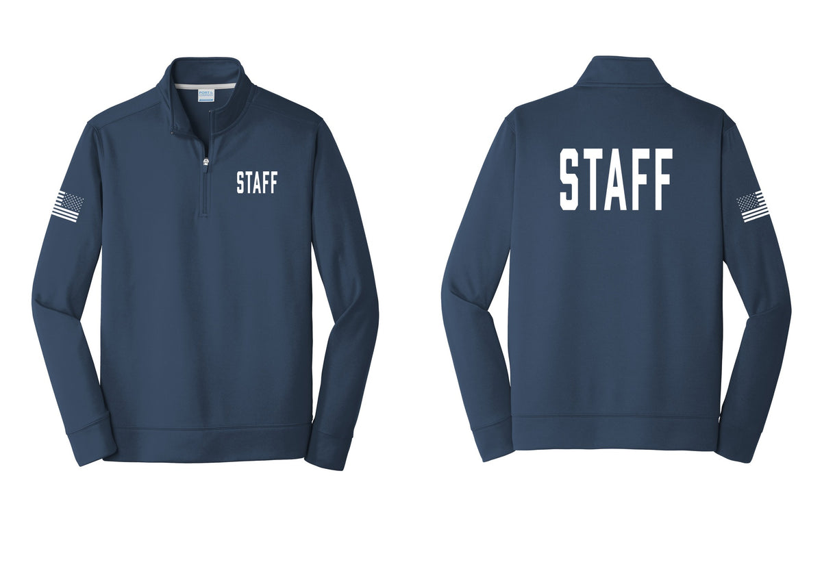 NYC Factory Staff Performance Fleece 1/4-Zip Pullover Sweatshirt (Classic) - Chest + Back + US Flag Sleeve - Navy