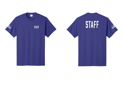 NYC Factory Staff T-Shirt, Condensed Lettering - Chest + Back + US Flag Sleeve - Purple