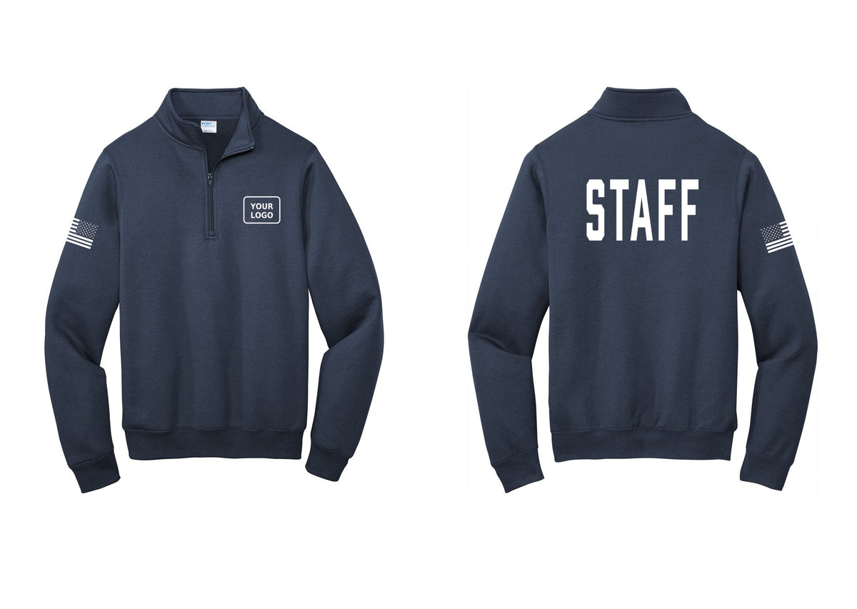 NYC Factory Custom Logo Staff Cotton Fleece 1/4-Zip Pullover Sweatshirt (Classic) - Your Logo + Back + US Flag Sleeve - Navy
