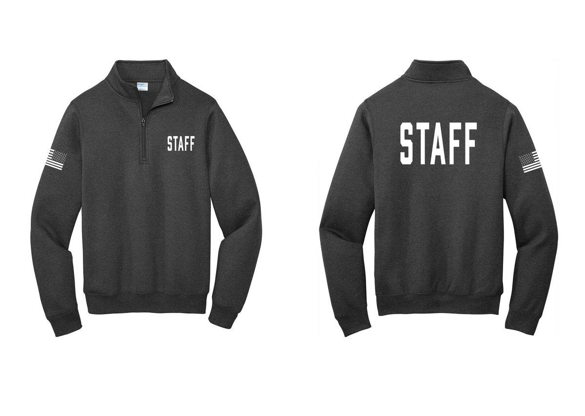 NYC Factory Staff Cotton Fleece 1/4-Zip Pullover Sweatshirt (Classic) - Chest + Back + US Flag Sleeve - Dark Heather Grey