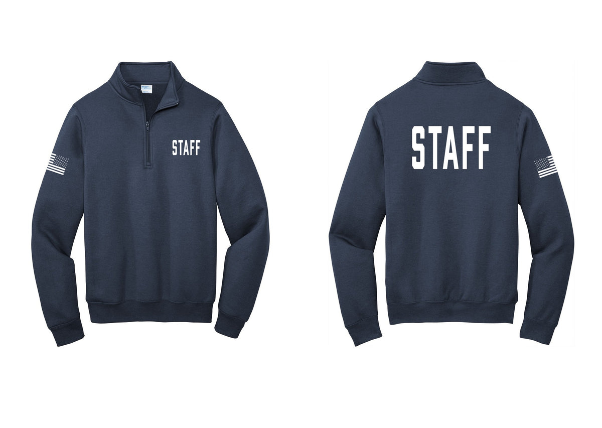 NYC Factory Staff Cotton Fleece 1/4-Zip Pullover Sweatshirt (Classic) - Chest + Back + US Flag Sleeve - Navy