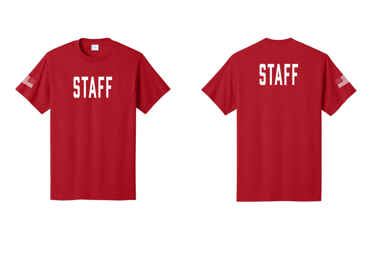 NYC Factory Staff T-Shirt, Condensed Lettering - Front + Back + US Flag Sleeve - Red