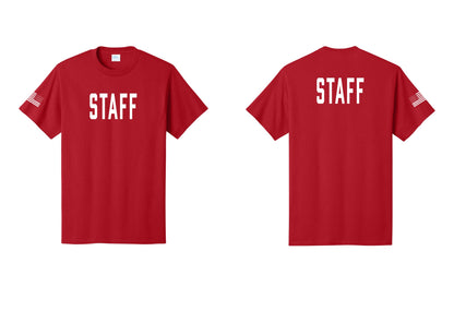 NYC Factory Staff T-Shirt, Condensed Lettering - Front + Back + US Flag Sleeve - Red