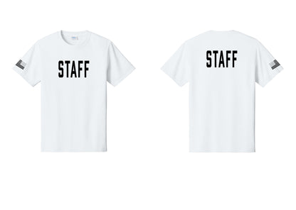 NYC Factory Staff T-Shirt, Condensed Lettering - Front + Back + US Flag Sleeve - White