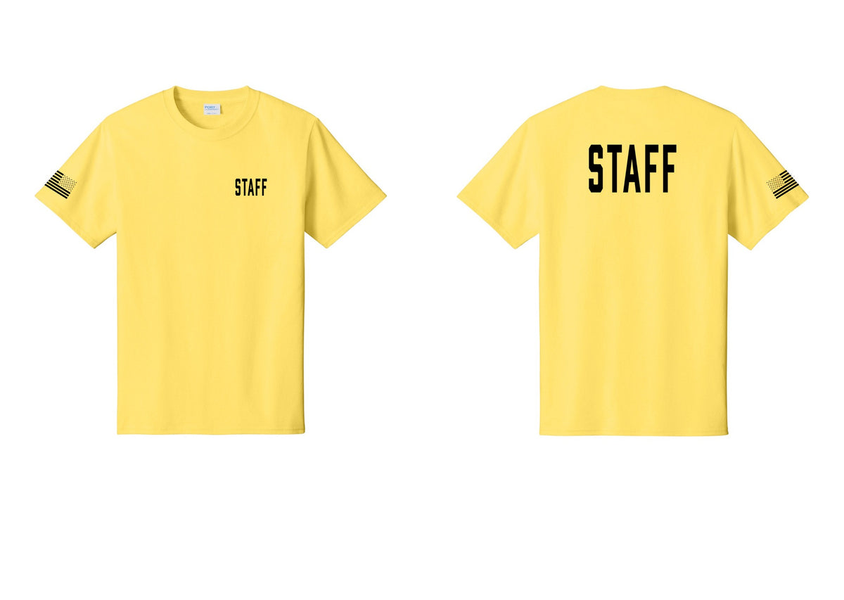 NYC Factory Staff T-Shirt, Condensed Lettering - Chest + Back + US Flag Sleeve - Yellow