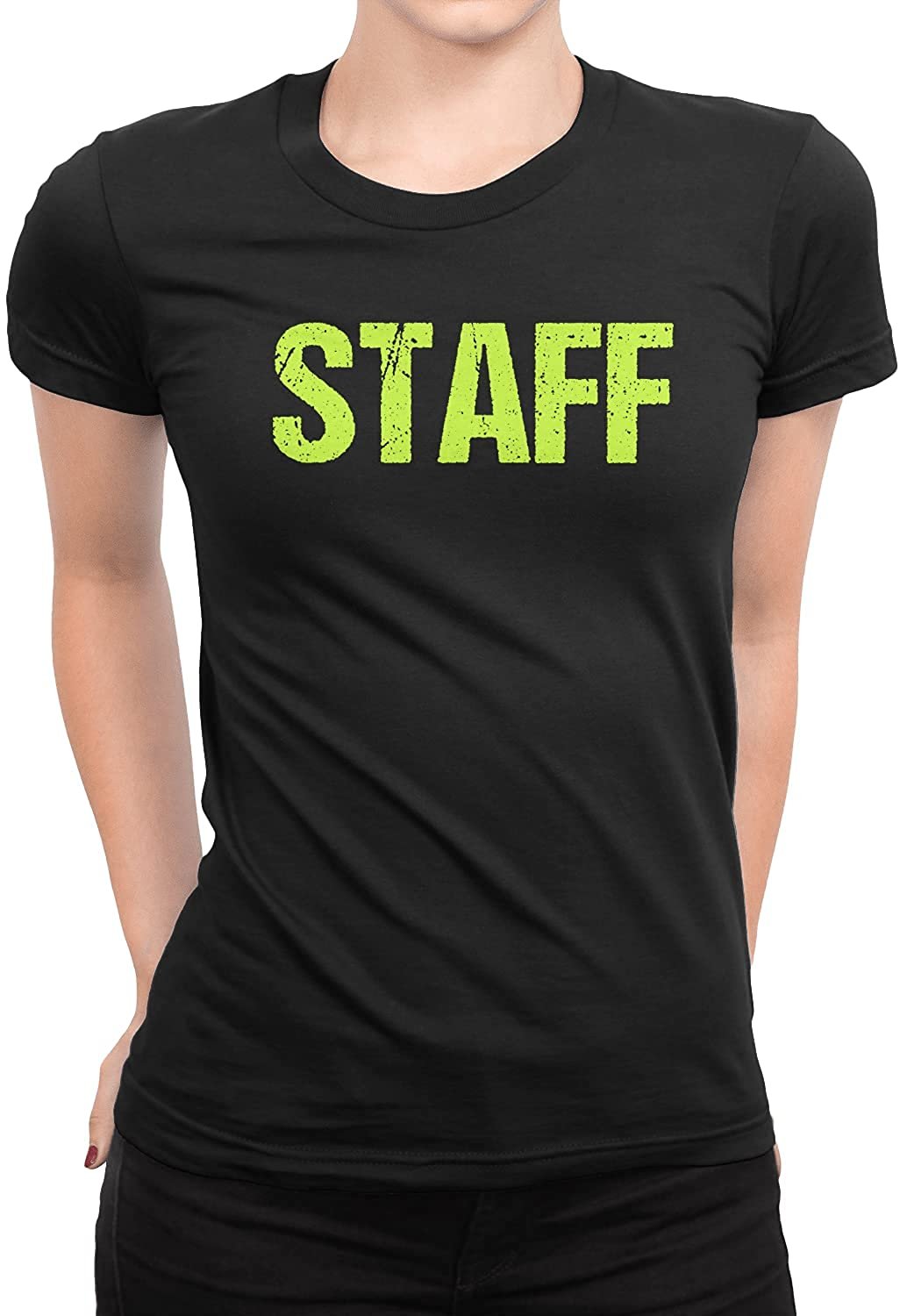 Staff Ladies Short Sleeve T-Shirt (Distressed Design, Black & Neon)