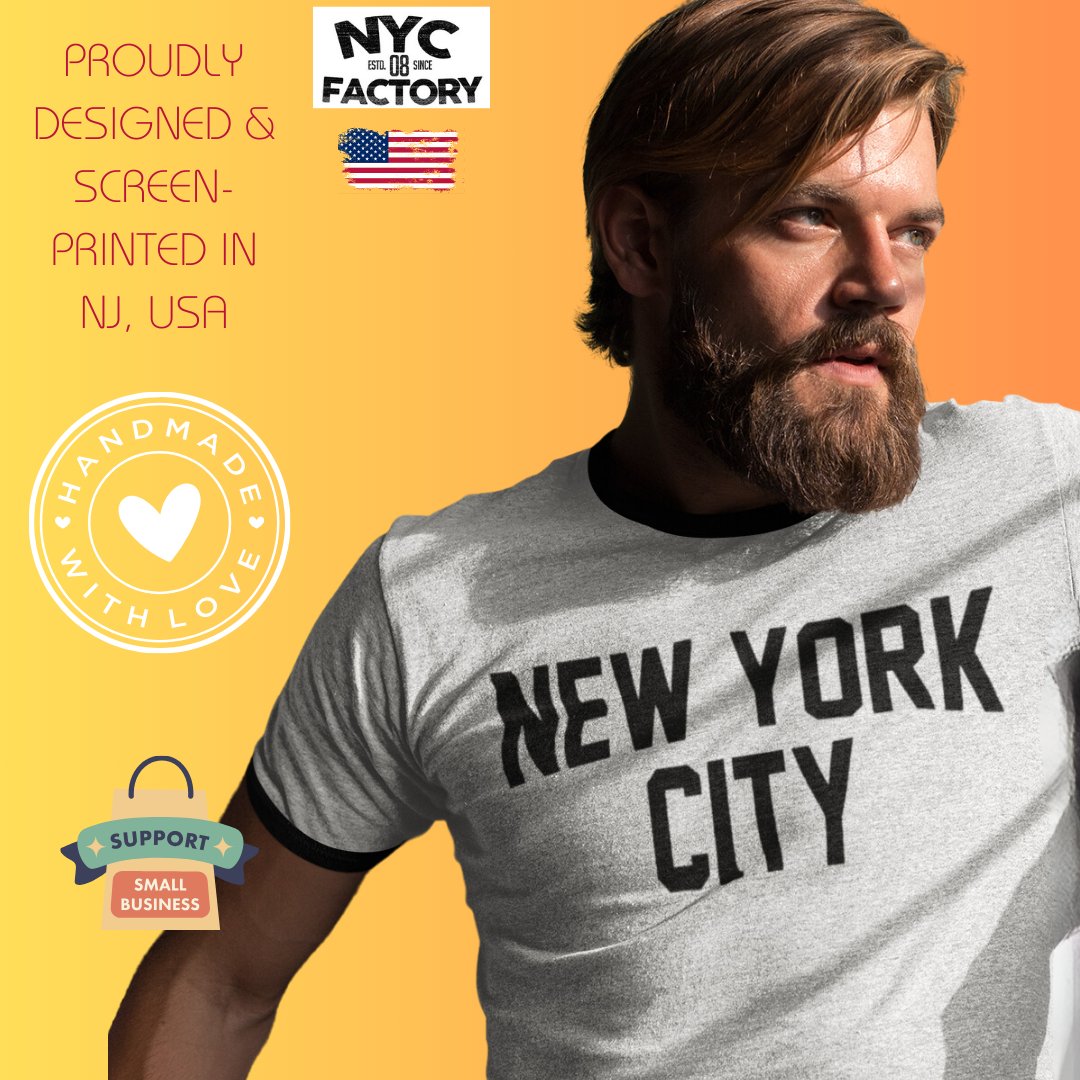 Men's New York City John Lennon Ringer Tee T-Shirt (Natural/Black, Regular Print)