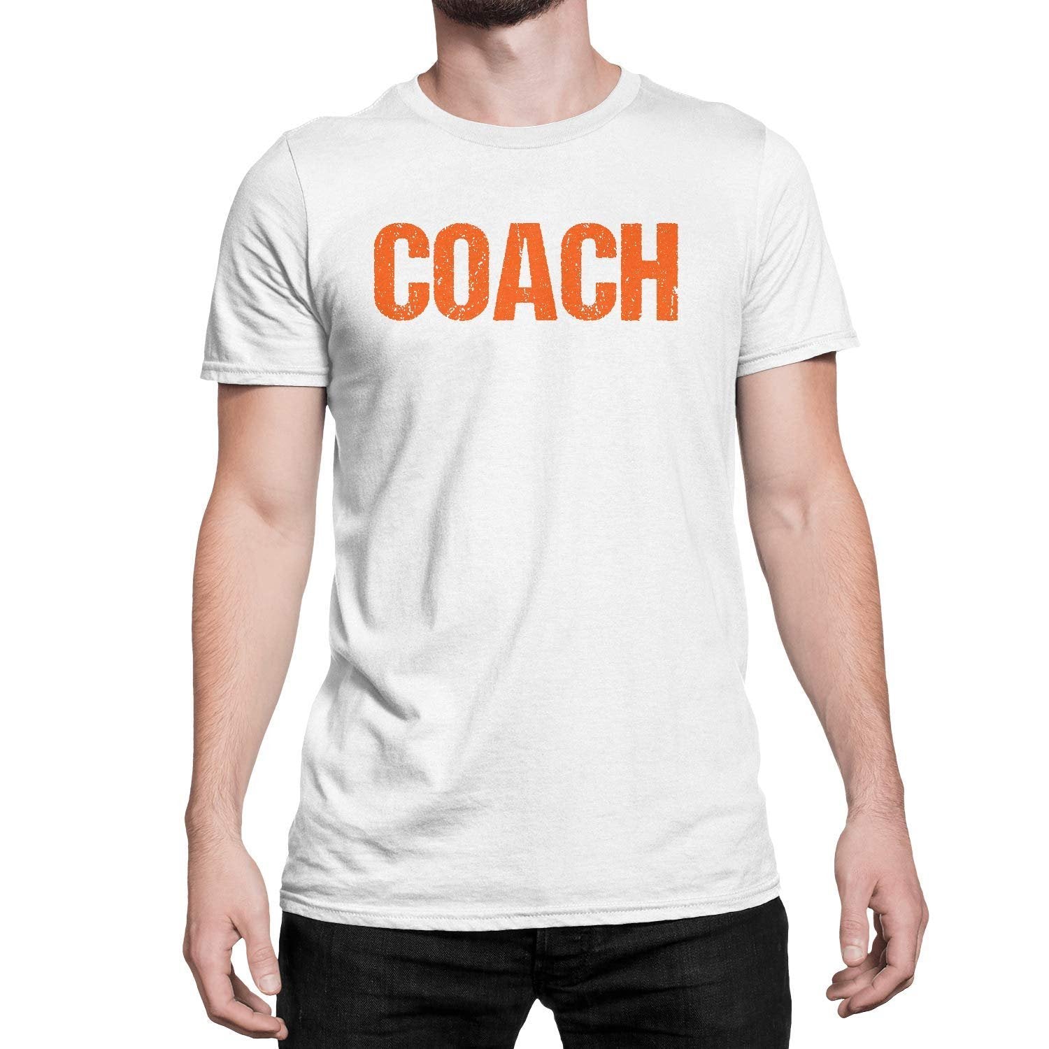 Coach T-Shirt Sports Coaching Tee Shirt (White & Orange, Distressed)