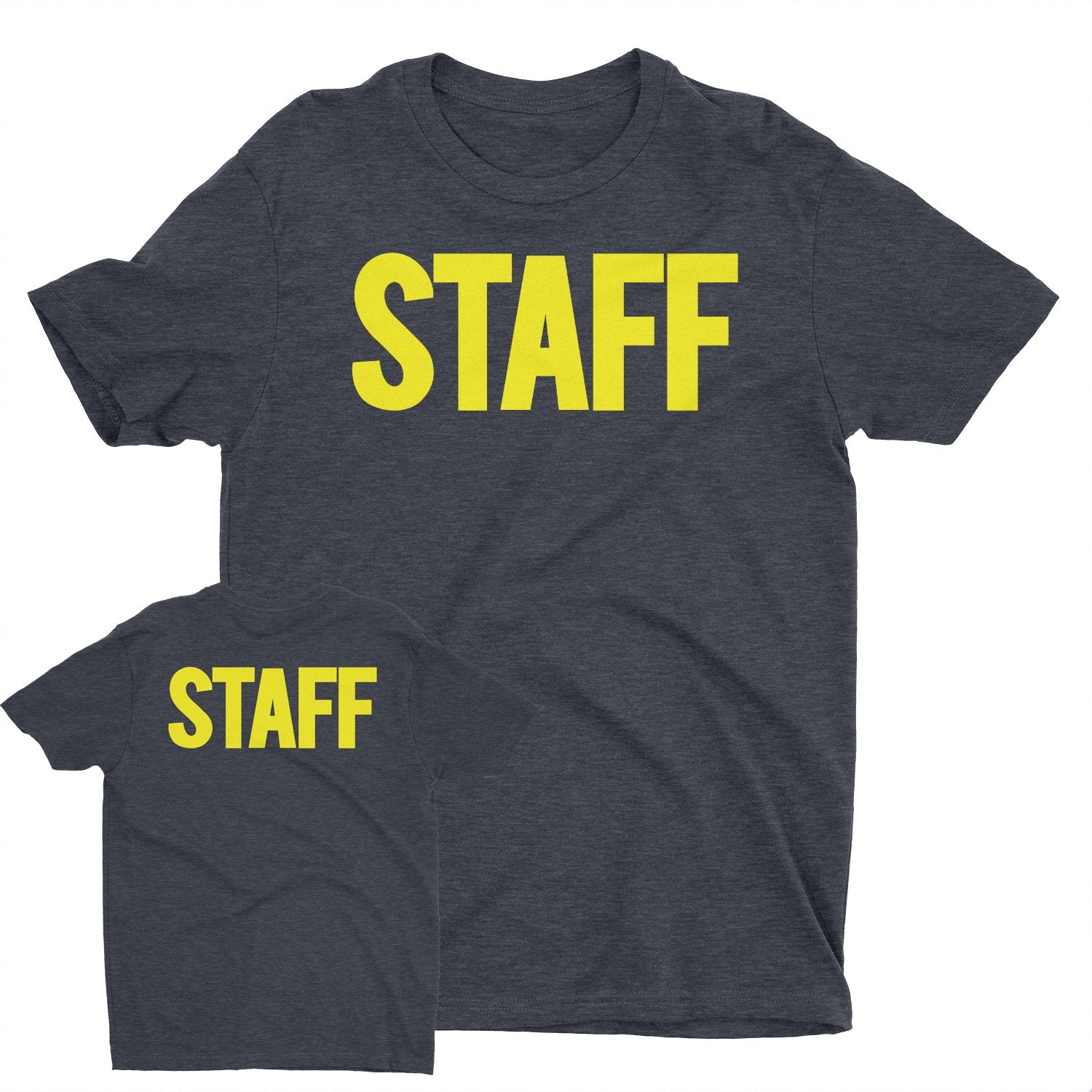 Men's Staff T-Shirt Front Back Screen Print Tee (BB, Heather Charcoal & Neon)