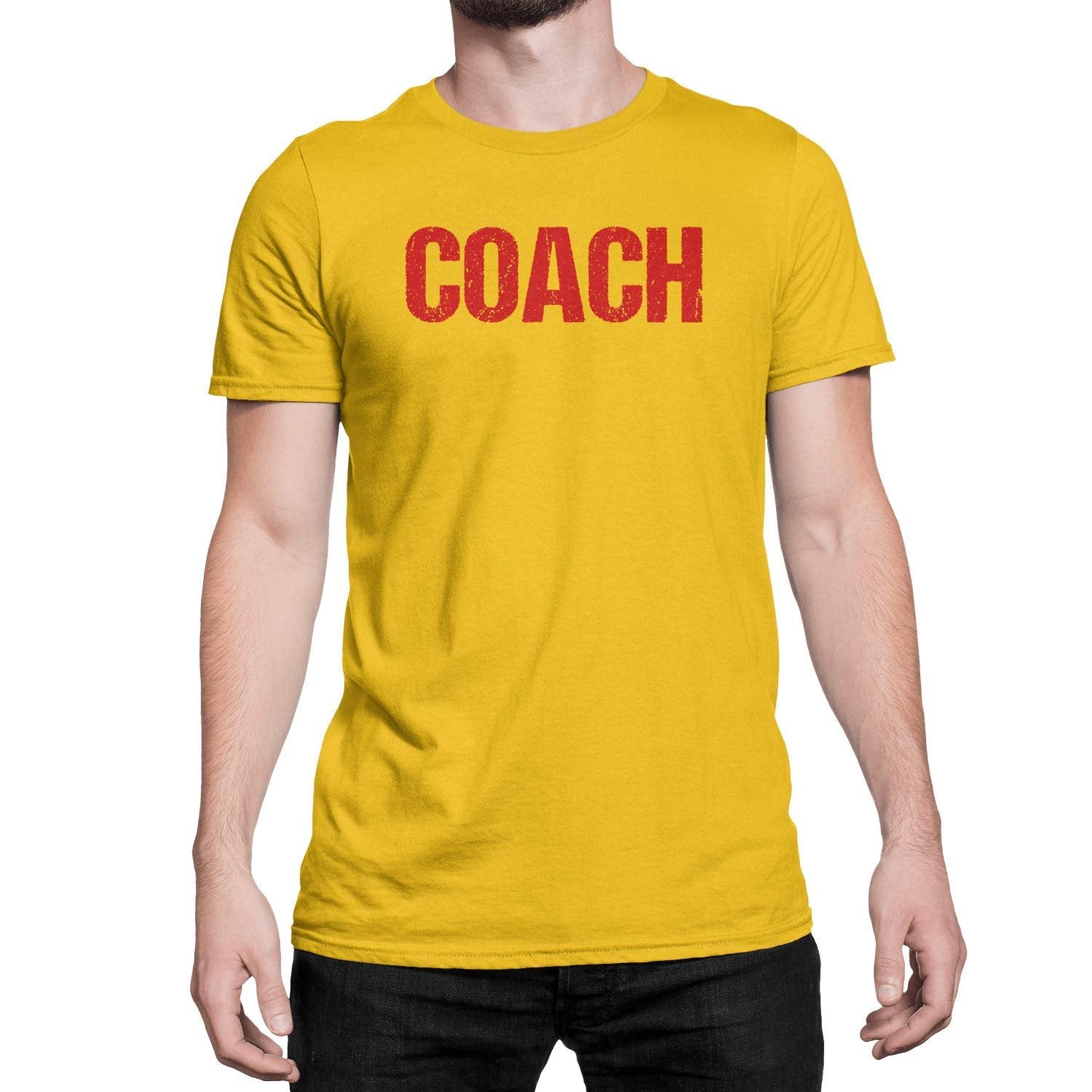 Coach T-Shirt Sports Coaching Tee Shirt (Gold & Red, Distressed)