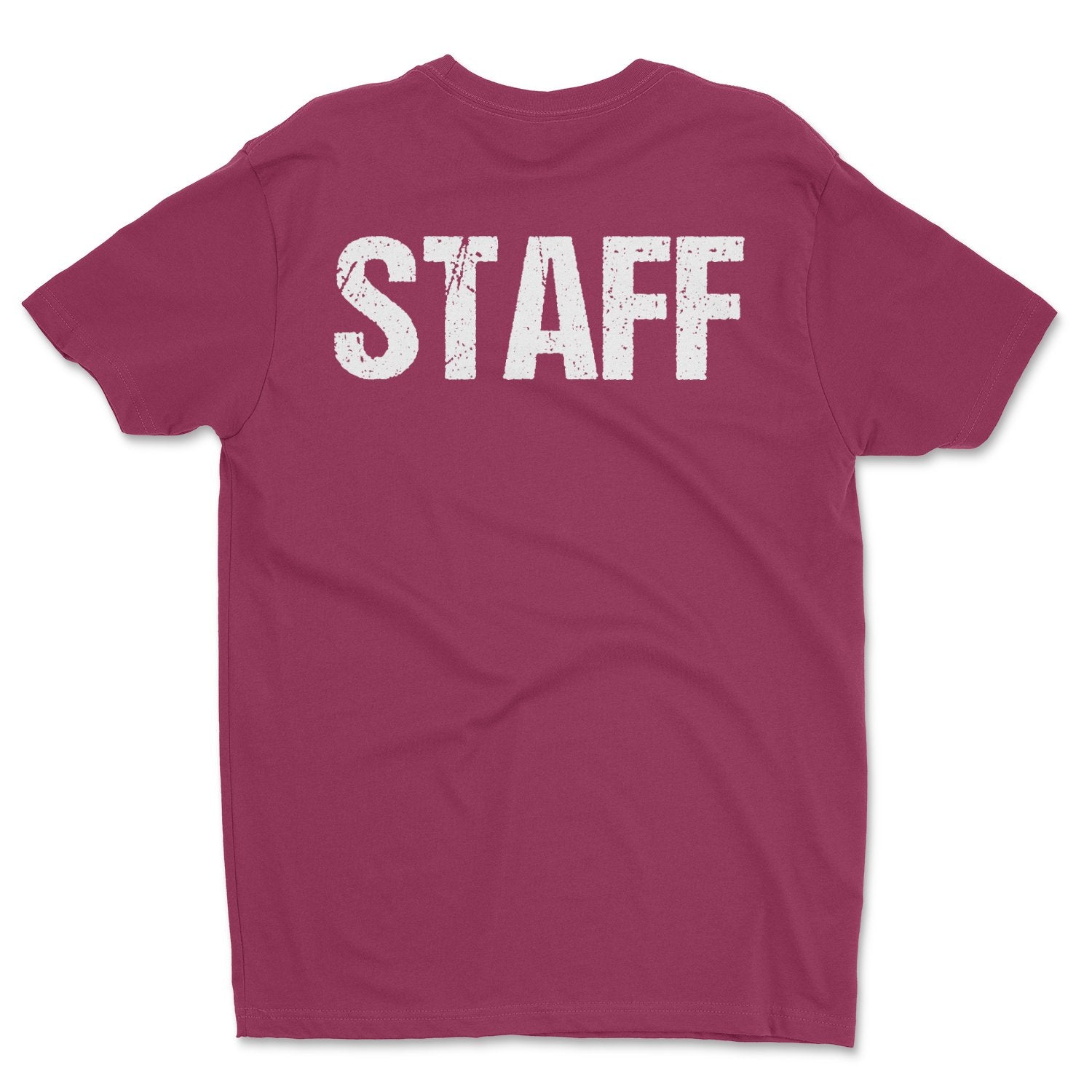 Staff T-Shirt Screen Printed Front & Back Men's Unisex Style (Maroon/White, Distressed)