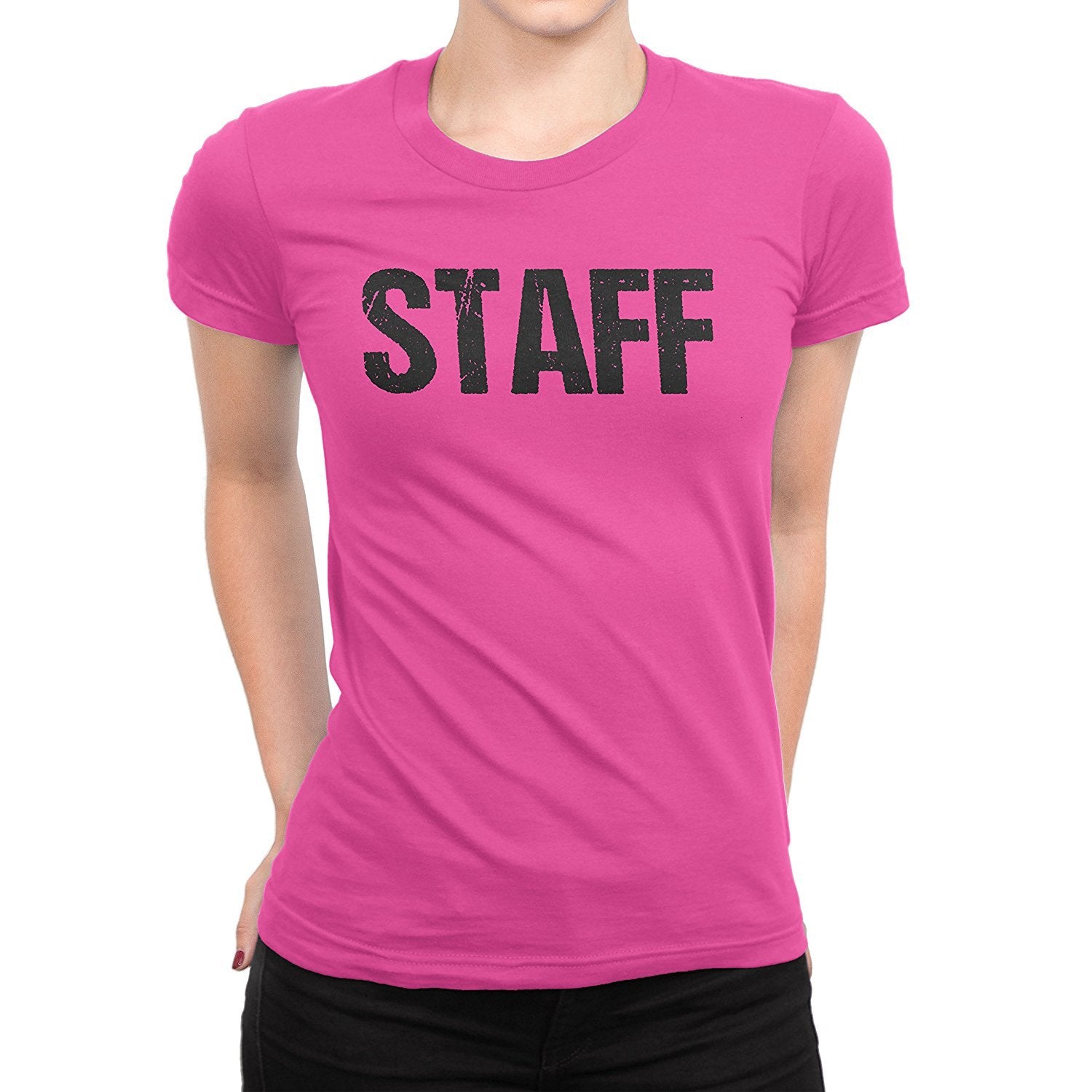 Staff Ladies Short Sleeve T-Shirt (Distressed Design, Pink & Black)